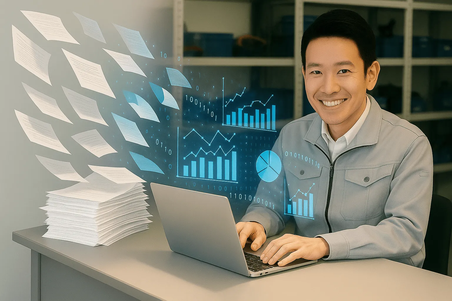 品質保証を電子化するPleasanter利用イメージ ─ 紙の検査記録をデジタル化しタブレットで確認する品質保証担当者